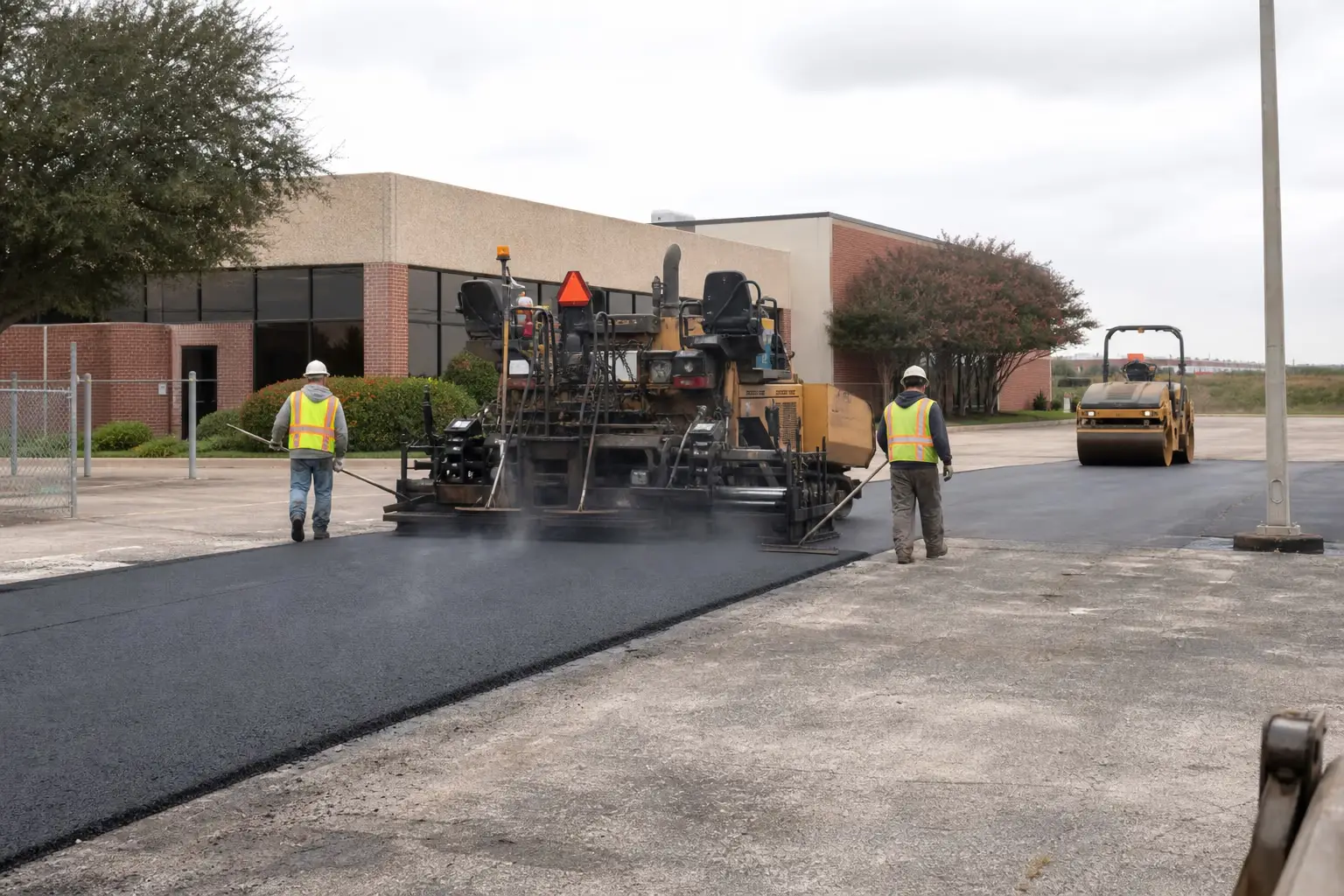 Paving crew laying a fresh asphalt mat on a commercial parking lot