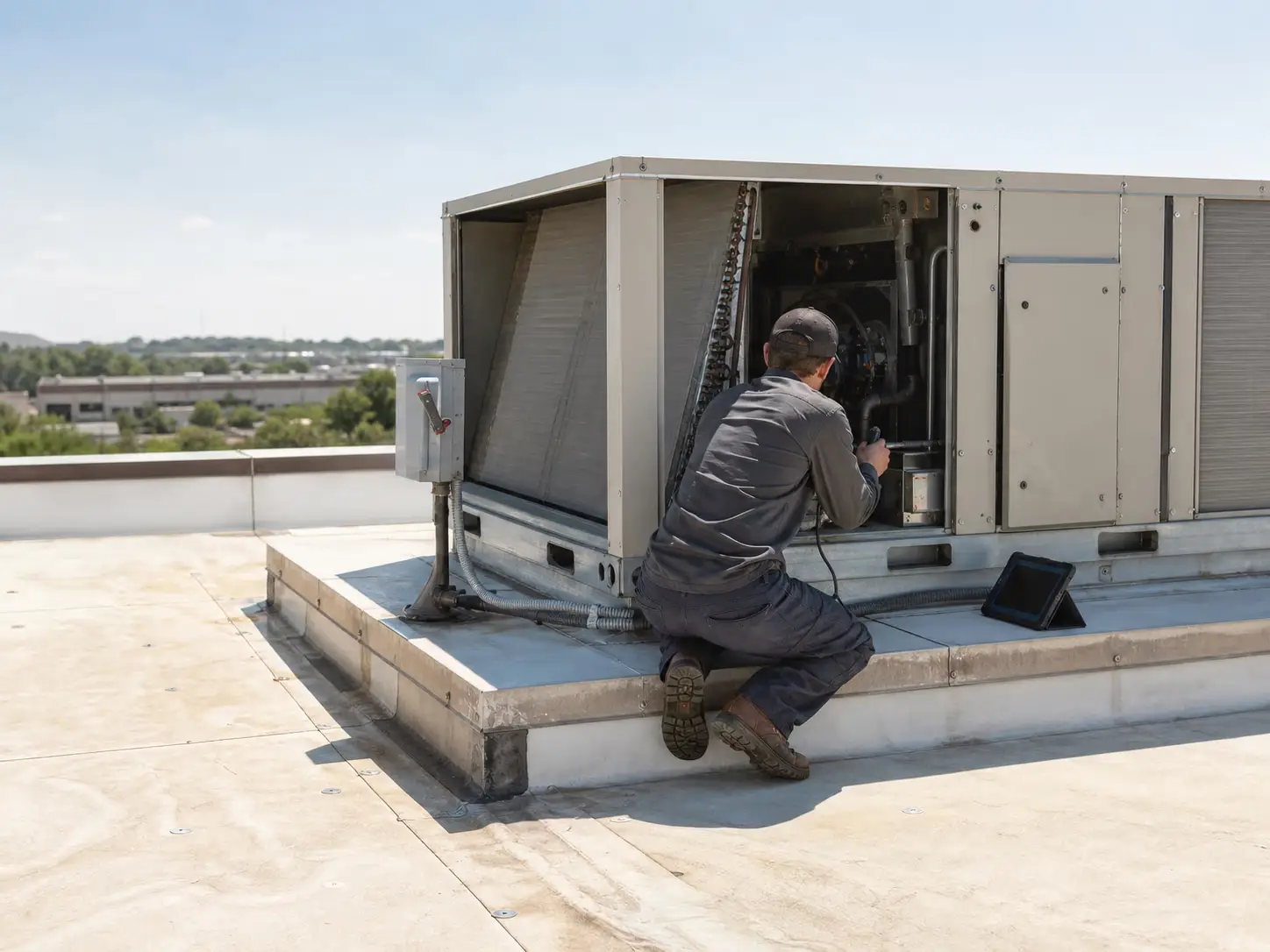 Commercial HVAC technician inspecting a rooftop package unit in Dallas-Fort Worth