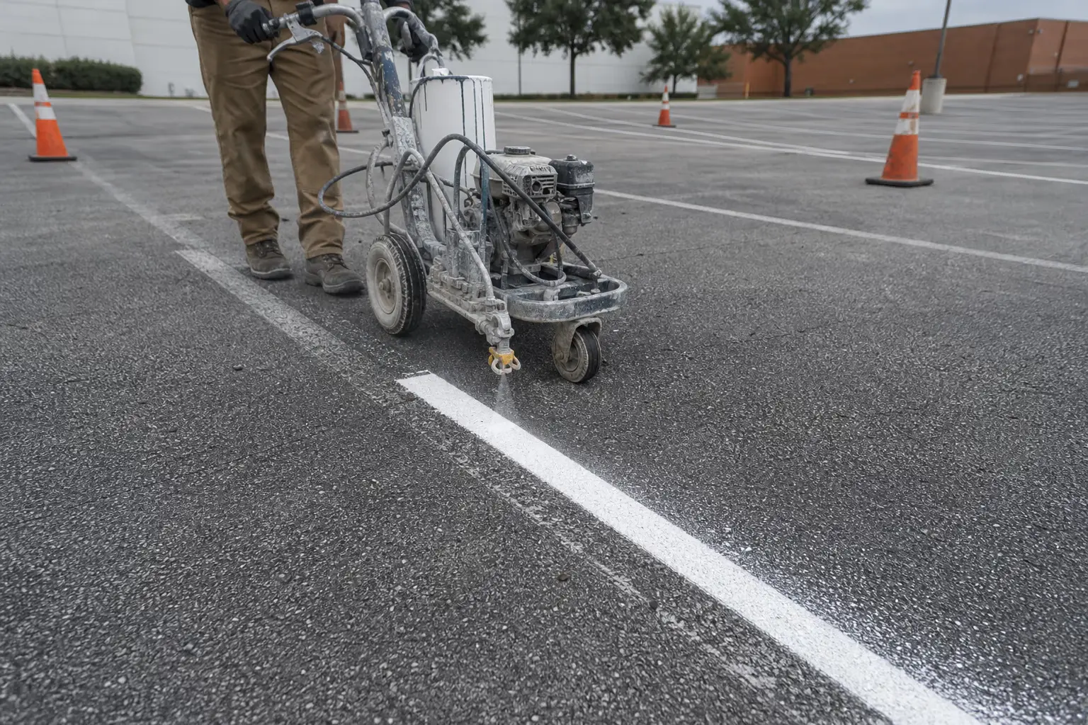 Line-striping machine painting fresh white stall lines on a commercial parking lot