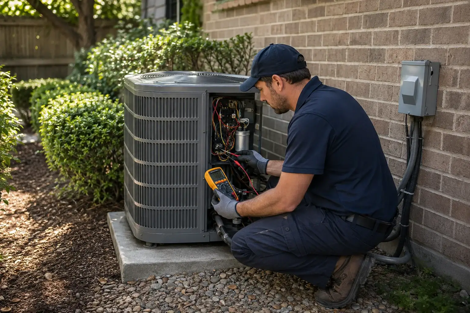 Illustration of an HVAC technician testing an outdoor AC condenser at a North Texas home